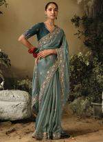 Pure Fancy Fabric Teal Green Wedding Wear Heavy Embroidery Work Saree